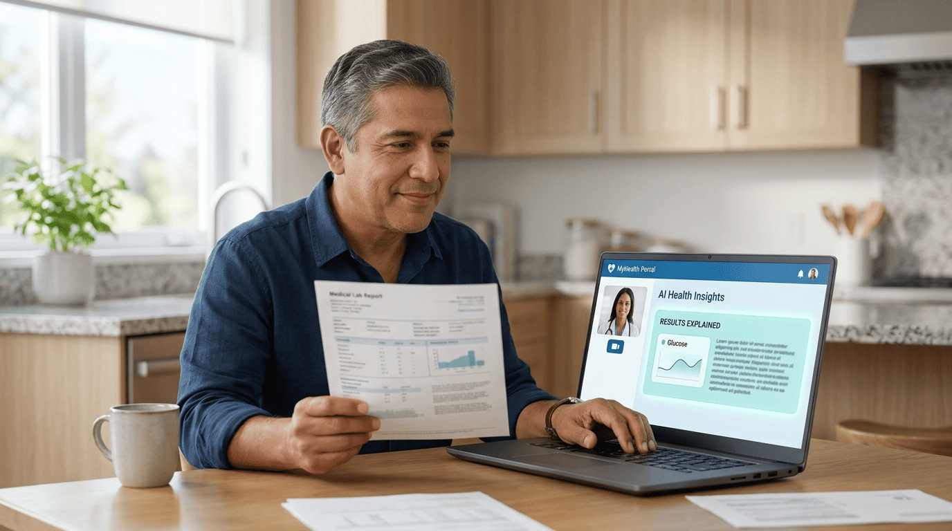A man at home reading his lab report while an AI health assistant explains the results in plain language on his laptop
