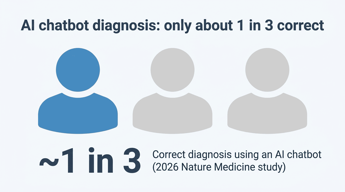 Infographic showing an AI chatbot reached the correct diagnosis only about 1 in 3 times in a 2026 Nature Medicine study