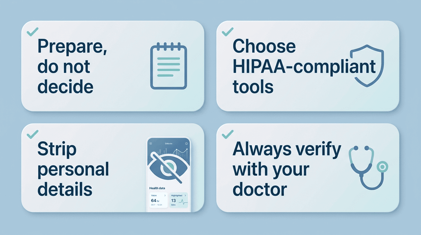 Safe-use checklist for an AI doctor: prepare do not decide, choose HIPAA-compliant tools, strip personal details, always verify with your doctor
