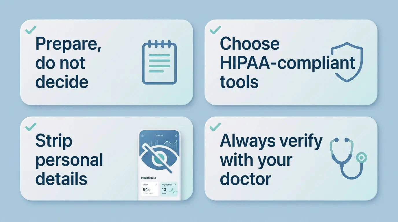 Safe-use checklist for an AI doctor: prepare do not decide, choose HIPAA-compliant tools, strip personal details, always verify with your doctor