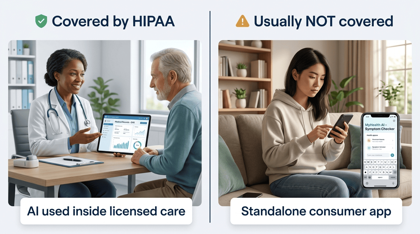 Salīdzinājums: MI, ko izmanto licencētas aprūpes ietvaros, ir HIPAA aizsargāts; atsevišķa patērētāja lietotne parasti nav