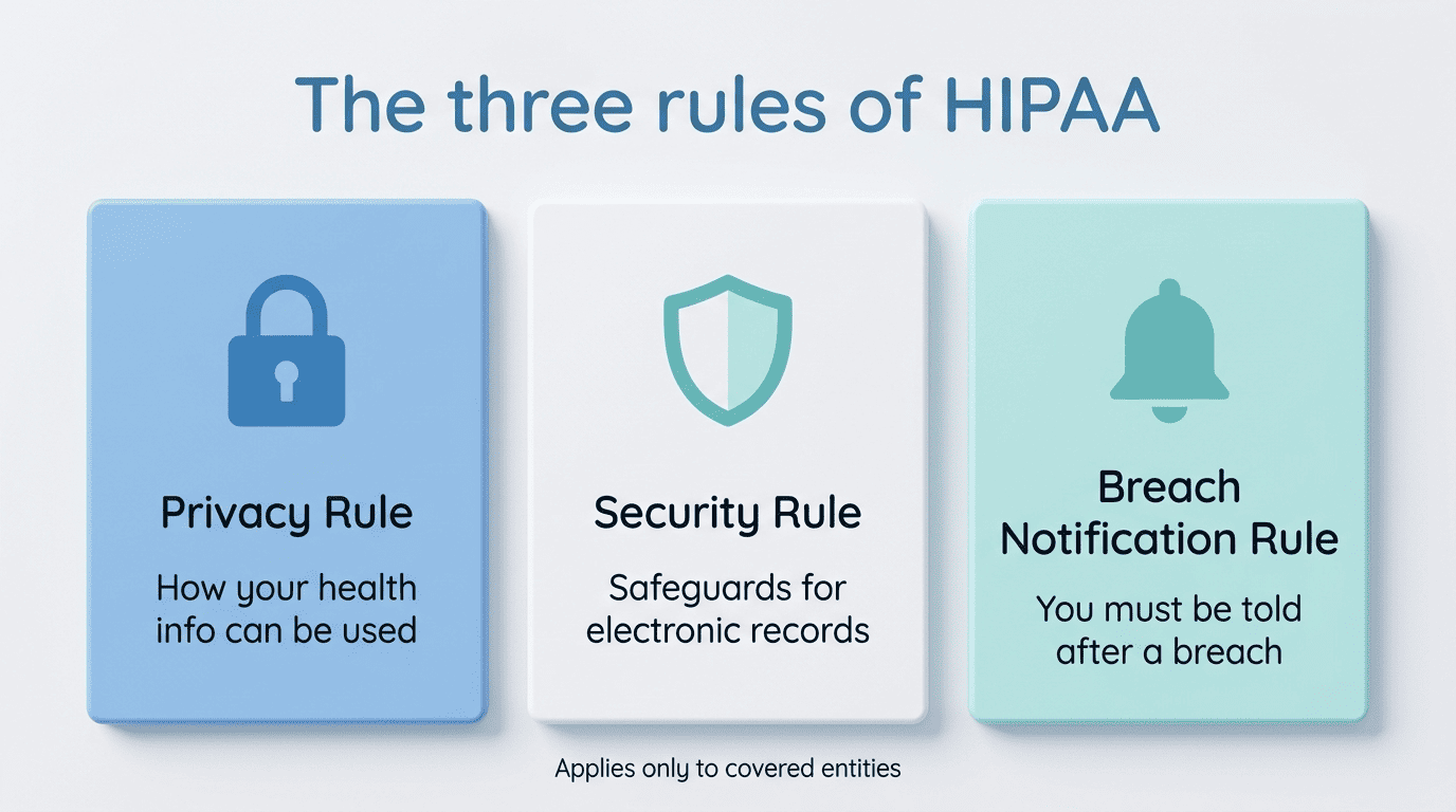 Trīs HIPAA noteikumi: Privātuma noteikums, Drošības noteikums un Pārkāpumu paziņošanas noteikums