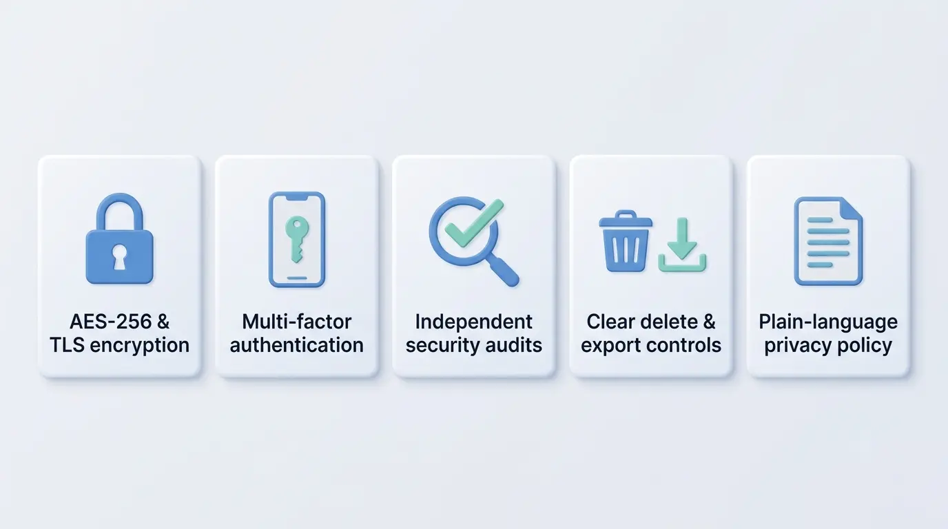 Checklist sinyal kepercayaan: enkripsi kuat, MFA, audit independen, kontrol penghapusan, kebijakan berbahasa sederhana