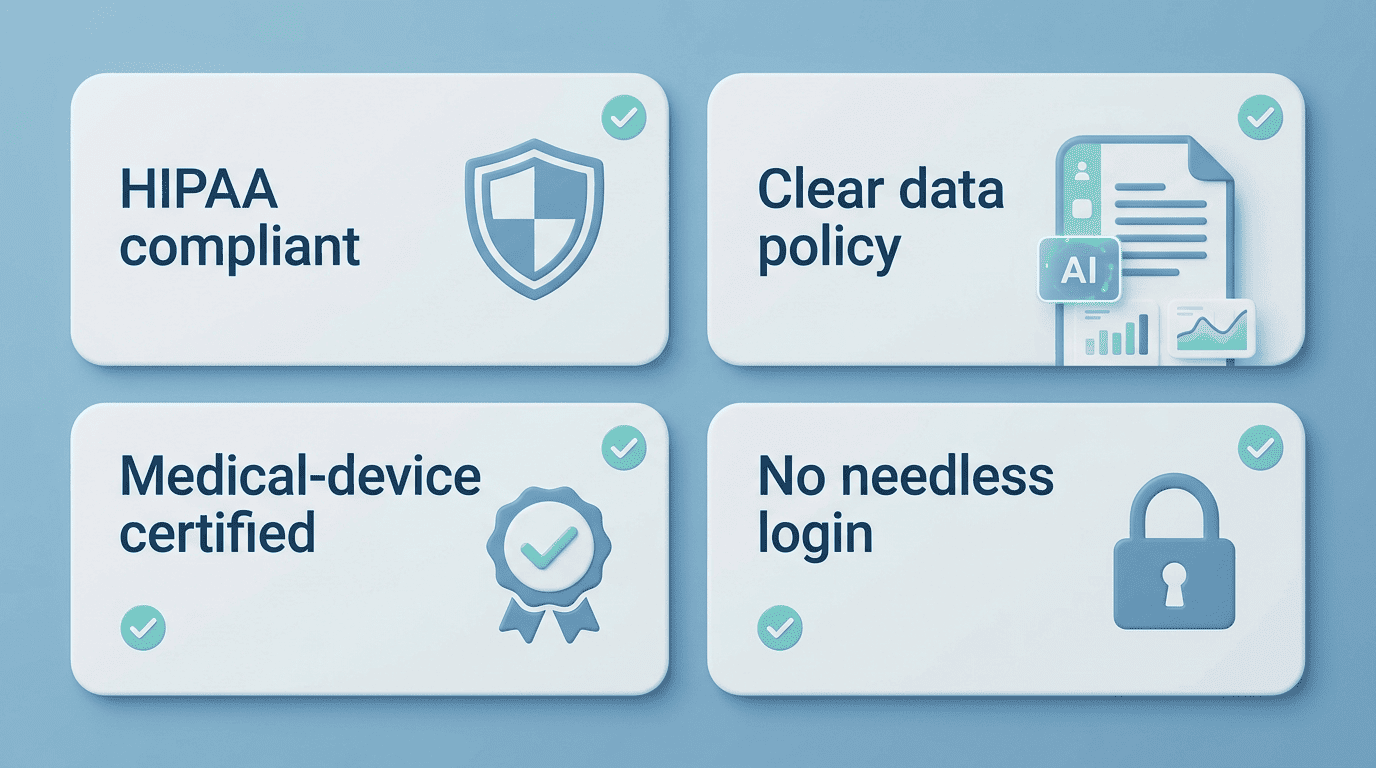 AI ārsta privātuma kontrolsaraksts: atbilst HIPAA, skaidra datu politika, sertificēta medicīnas ierīce, nav lieku pieteikšanos