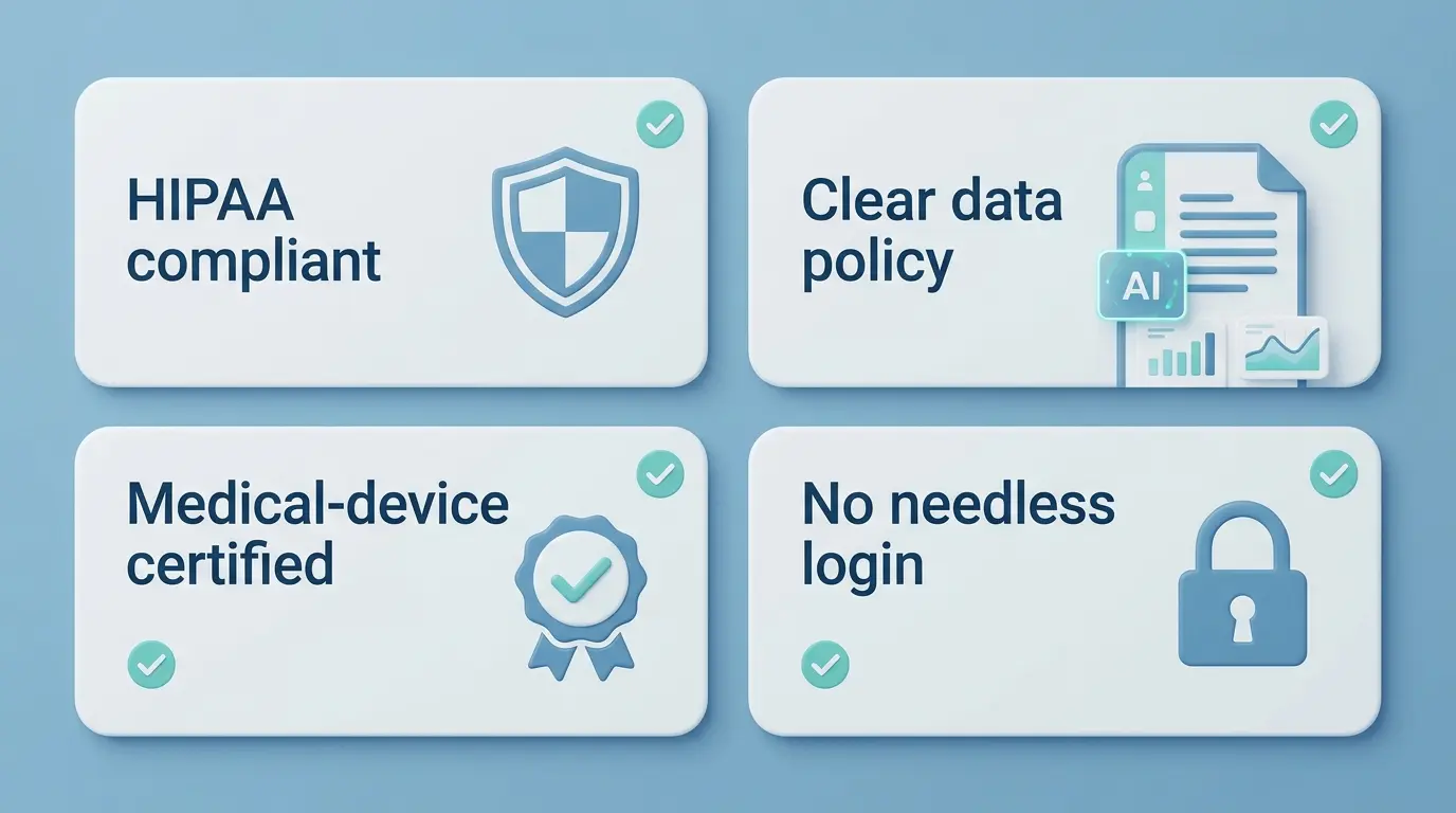 Контролна листа приватности за AI лекара: усклађеност са HIPAA, јасна политика података, сертификован као медицинско средство, без непотребне пријаве