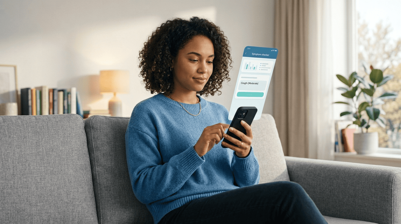 A woman describing her symptoms to an AI doctor in a telehealth app on her phone