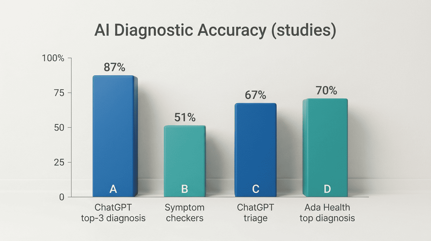 Bar chart of AI diagnostic accuracy: ChatGPT top-3 87%, symptom checkers 51%, ChatGPT triage 67%, Ada Health 70%