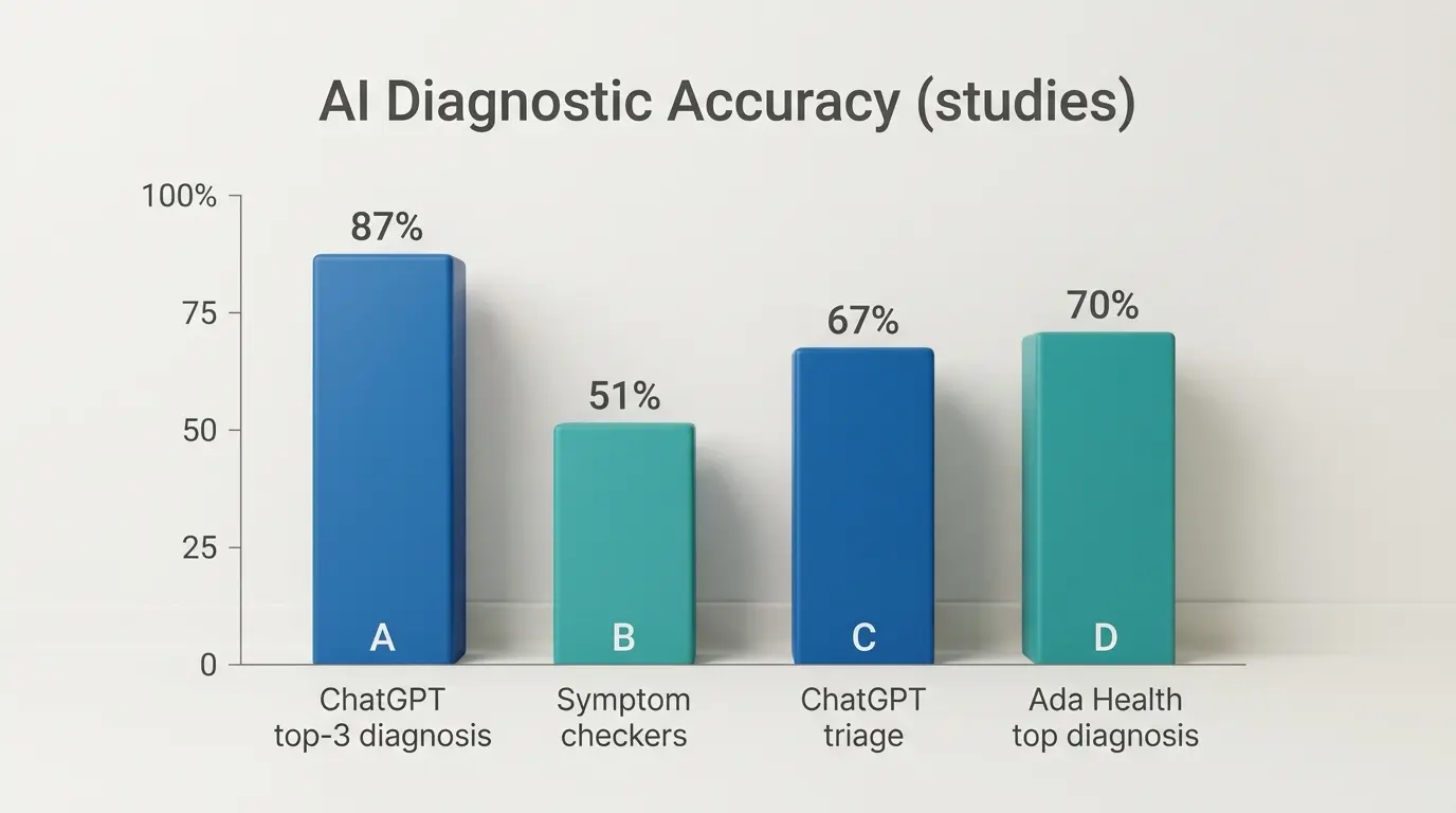 Grafic cu bare al preciziei diagnostice a AI: ChatGPT primele 3 87%, verificatoare de simptome 51%, triaj ChatGPT 67%, Ada Health 70%