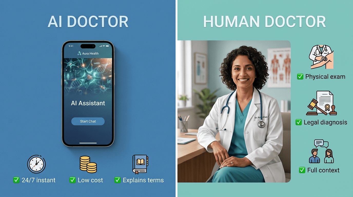 Comparison of an AI doctor versus a human doctor across availability, cost, physical exam, and legal diagnosis