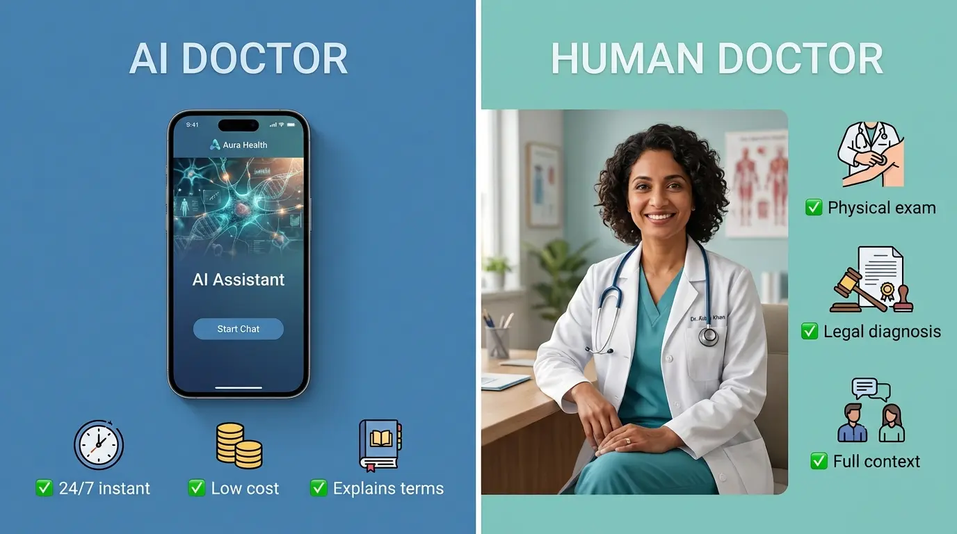 Compararea unui AI doctor cu un medic uman în privința disponibilității, costului, examinării fizice și diagnosticului legal