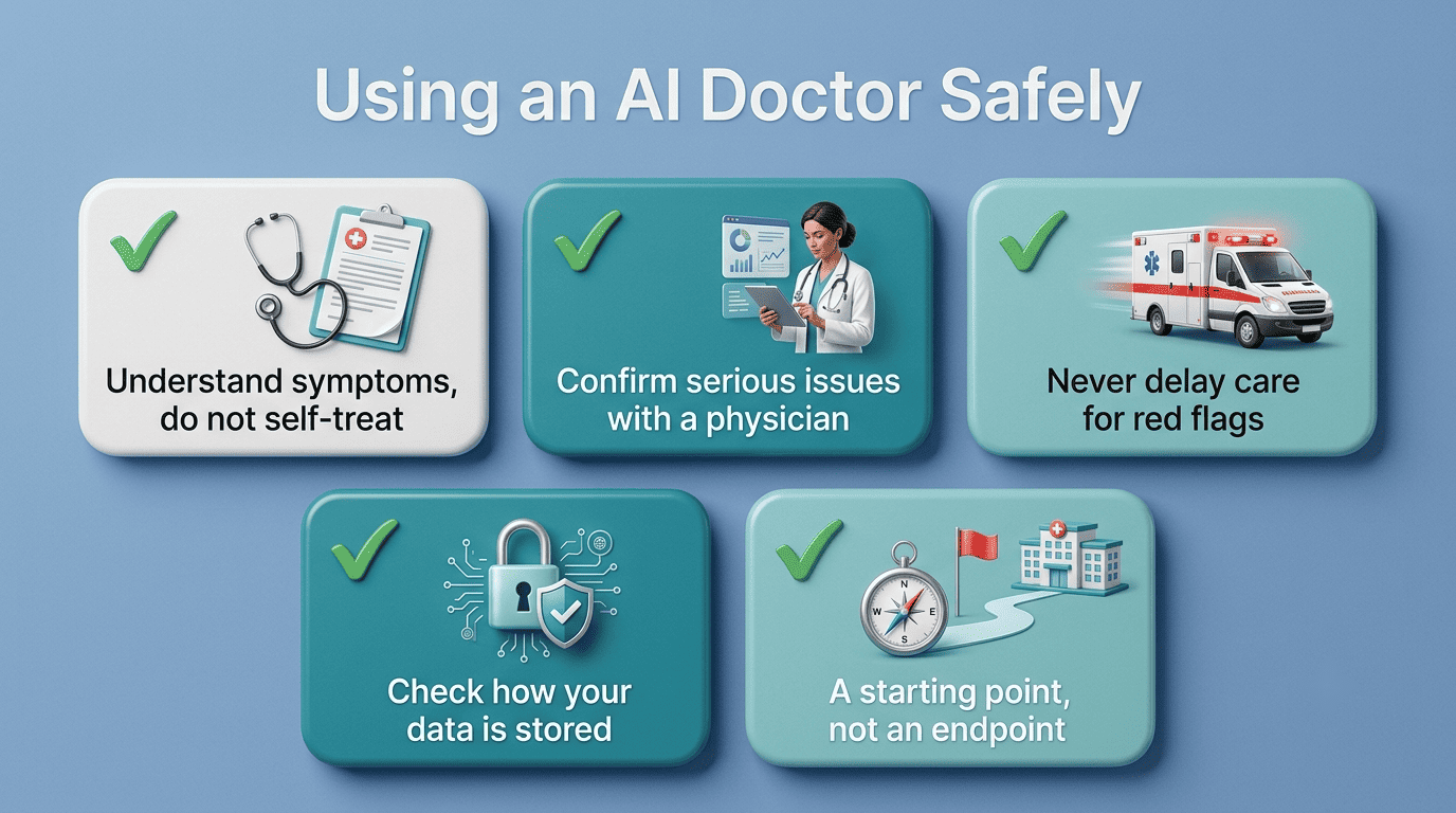 Checklist for using an AI doctor safely: understand symptoms, confirm with a physician, never delay care for red flags, check data privacy, treat it as a starting point