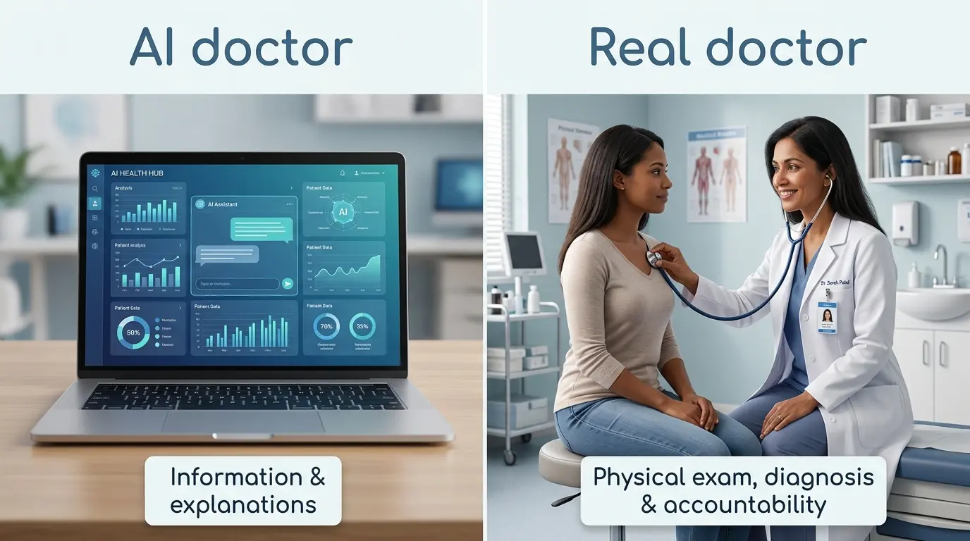 Geteilter Bildschirm: Der AI Doctor übernimmt Informationen und Erklärungen; ein echter Arzt führt die körperliche Untersuchung, Diagnose und Verantwortung aus