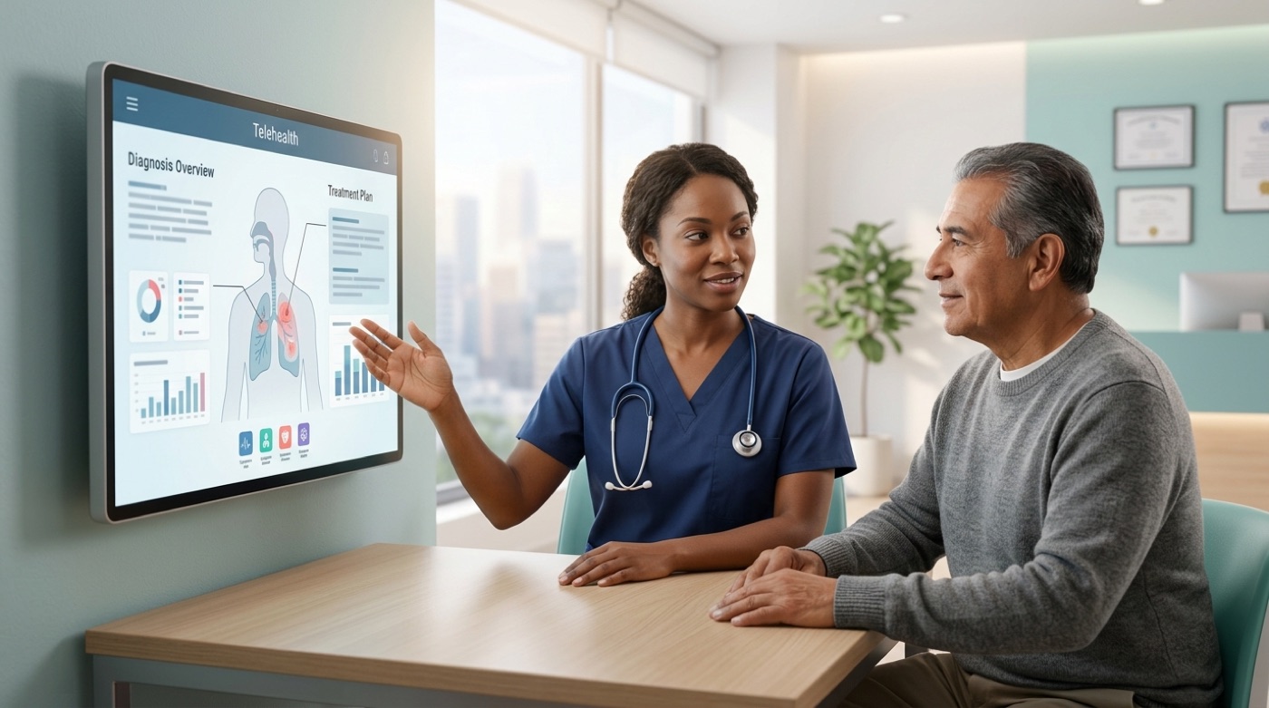 A telehealth screen explains a diagnosis in plain language while a doctor points to it for a patient