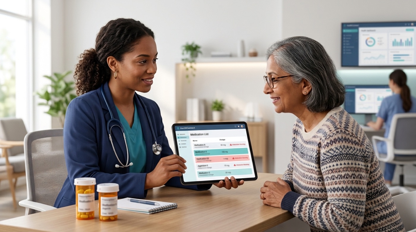 A medication list on a tablet highlights drug interactions next to pill bottles on a desk