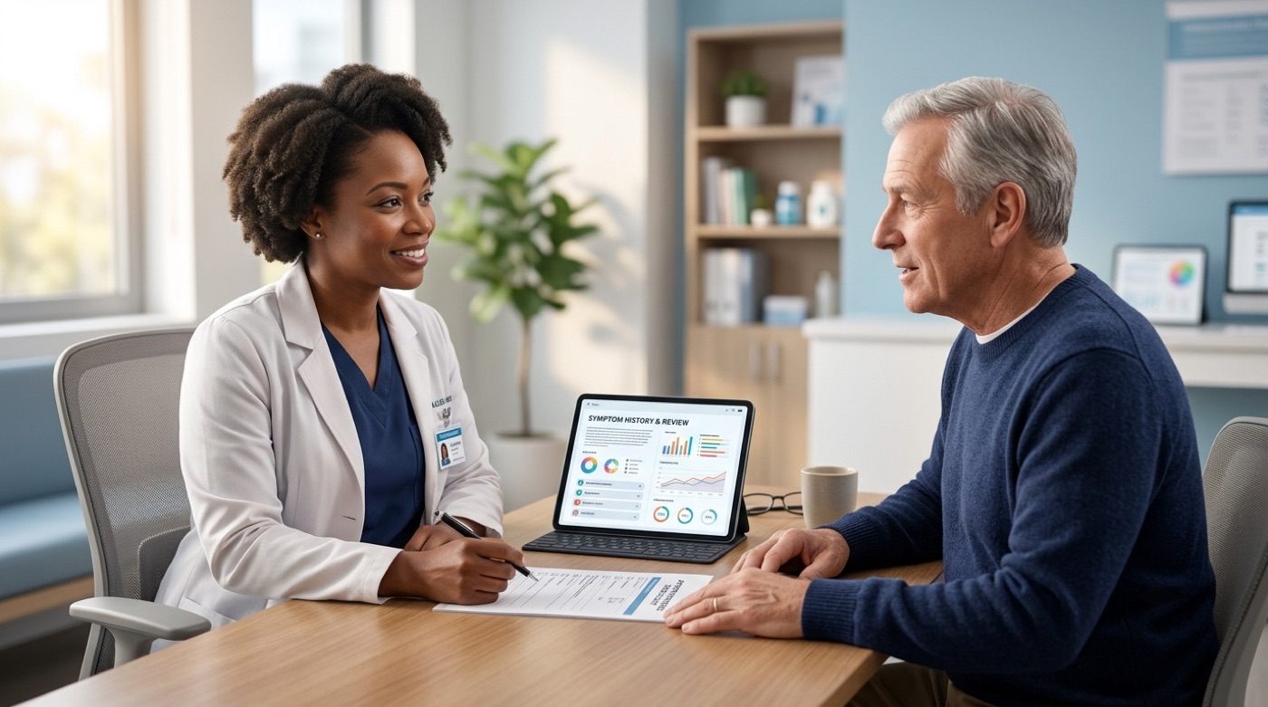 A patient and doctor sit at a desk with a pre-visit question checklist and symptom history on a tablet