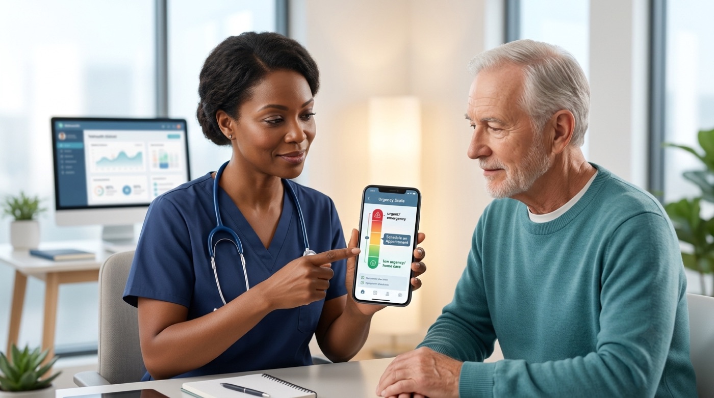 A phone shows a symptom checker with an urgency scale from home care to call 911, next to a calm patient