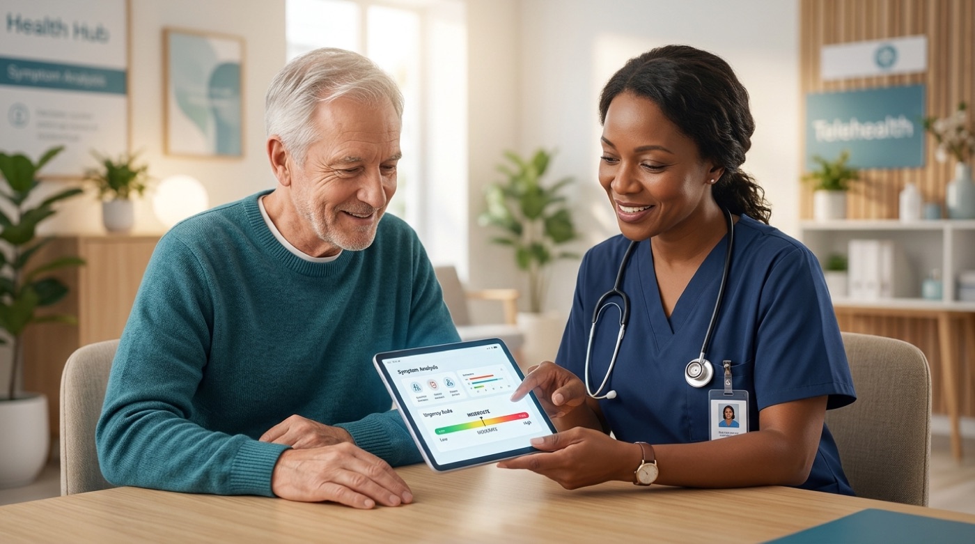A doctor and patient review an AI symptom analysis with an urgency scale on a tablet in a bright clinic
