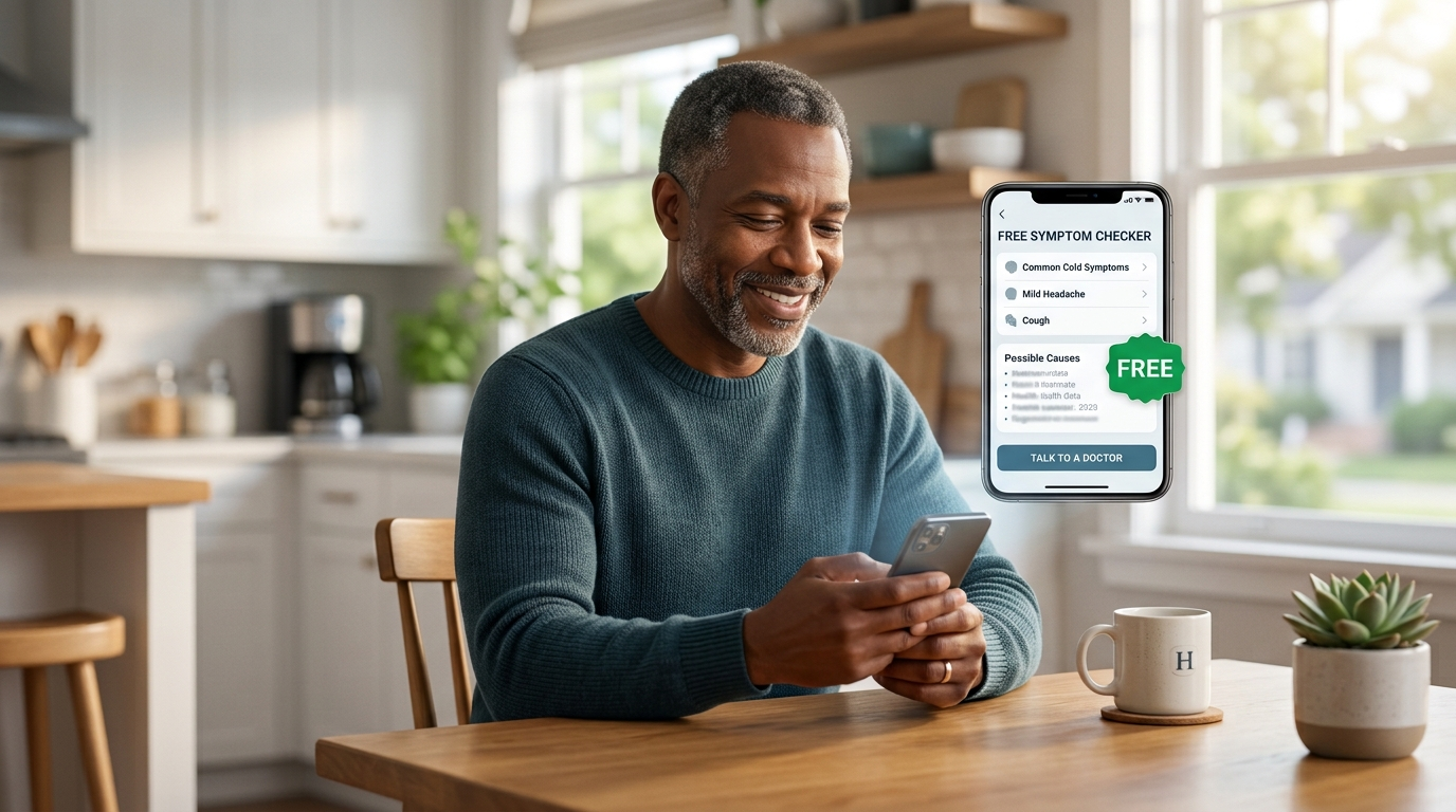 A man checking his symptoms for free on a phone AI symptom-checker app at home