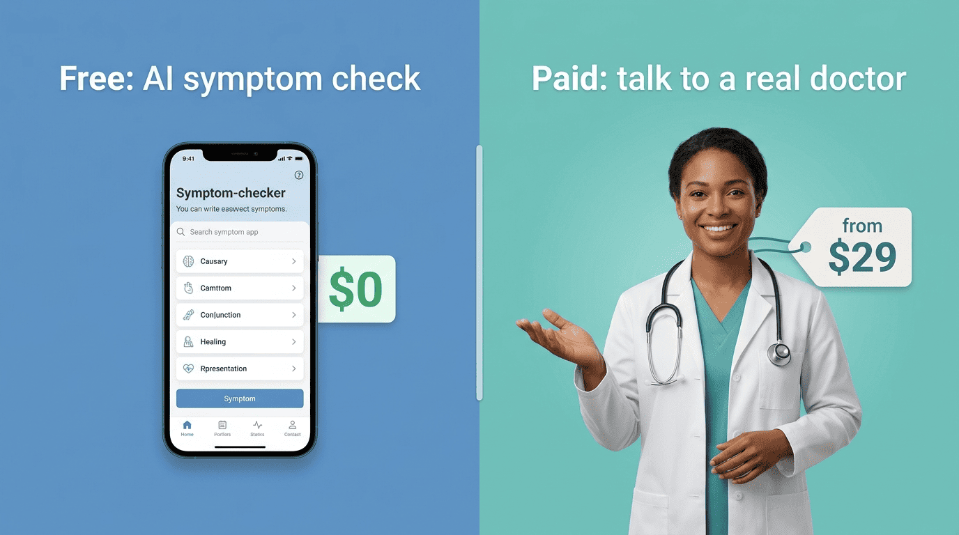Freemium model: the AI symptom check is $0 while talking to a real doctor starts around $29