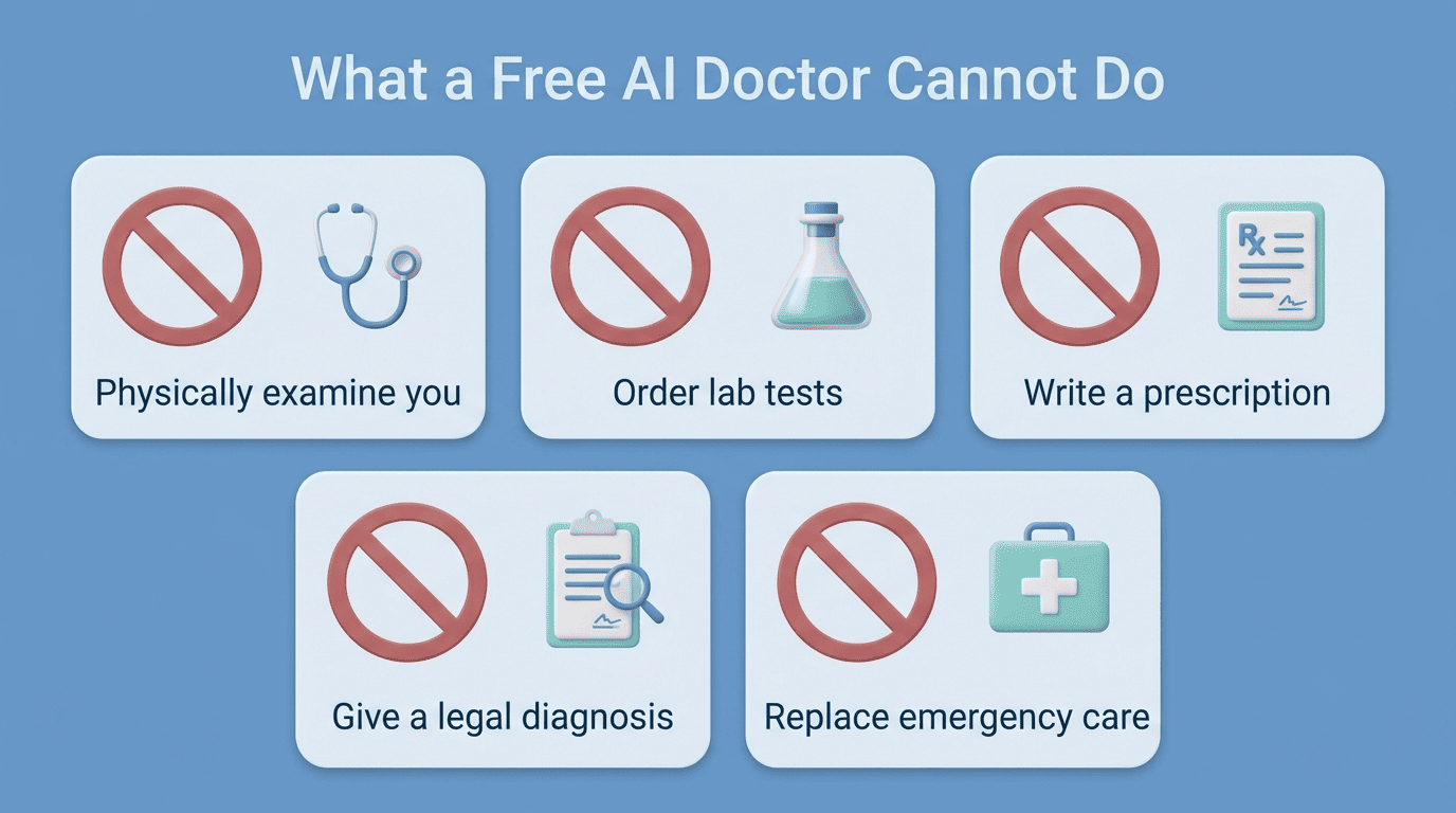 What a free AI doctor cannot do: physically examine you, order lab tests, write a prescription, give a legal diagnosis, or replace emergency care