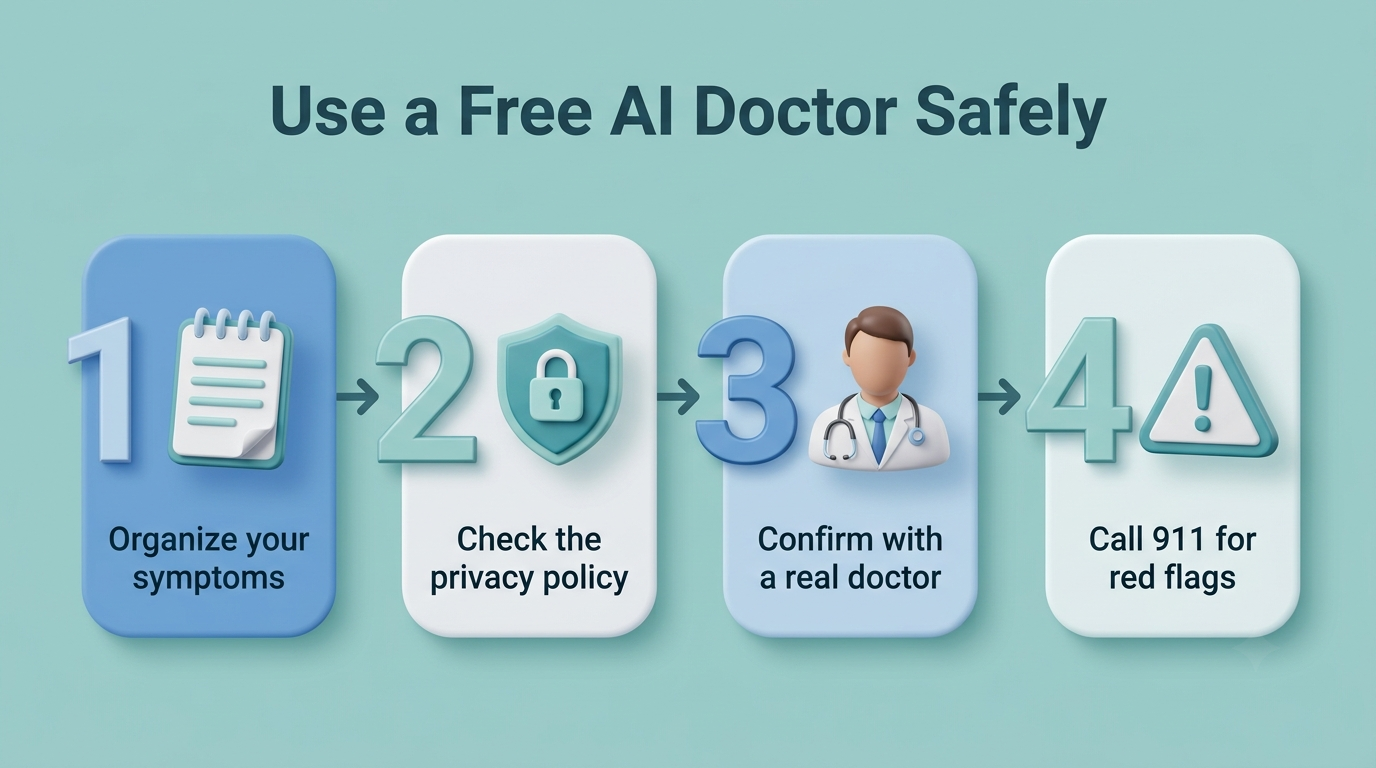 Four steps to use a free AI doctor safely: organize symptoms, check the privacy policy, confirm with a real doctor, call 911 for red flags