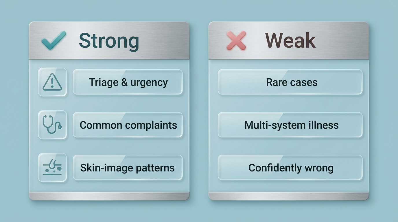 Two columns listing where an AI doctor is strong versus weak