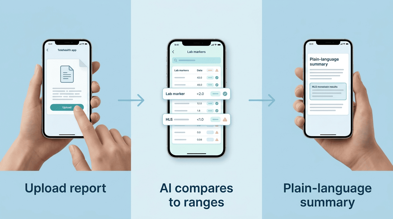 Trīs soļu plūsma: augšupielādējiet atskaiti, MI salīdzina to ar atsauces robežām, vienkāršas valodas kopsavilkums