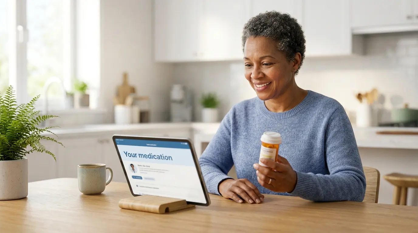 A woman at her kitchen table holding a pill bottle while a telehealth app on a tablet explains her medication