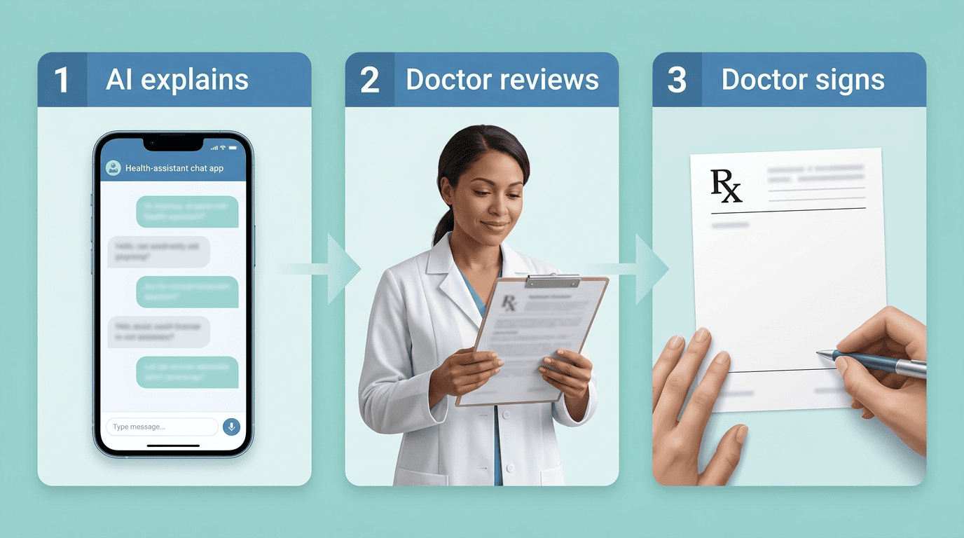 Three-step flow showing AI explaining, a doctor reviewing, and a doctor signing the prescription