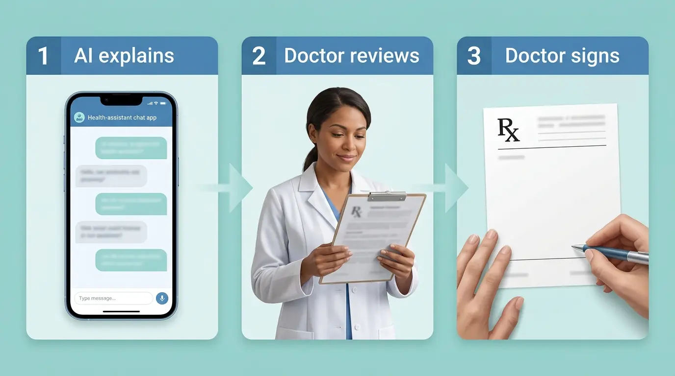 Three-step flow showing AI explaining, a doctor reviewing, and a doctor signing the prescription