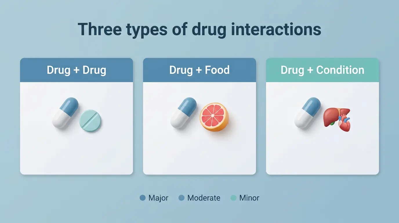 Infographic of the three types of drug interactions: drug plus drug, drug plus food, and drug plus condition