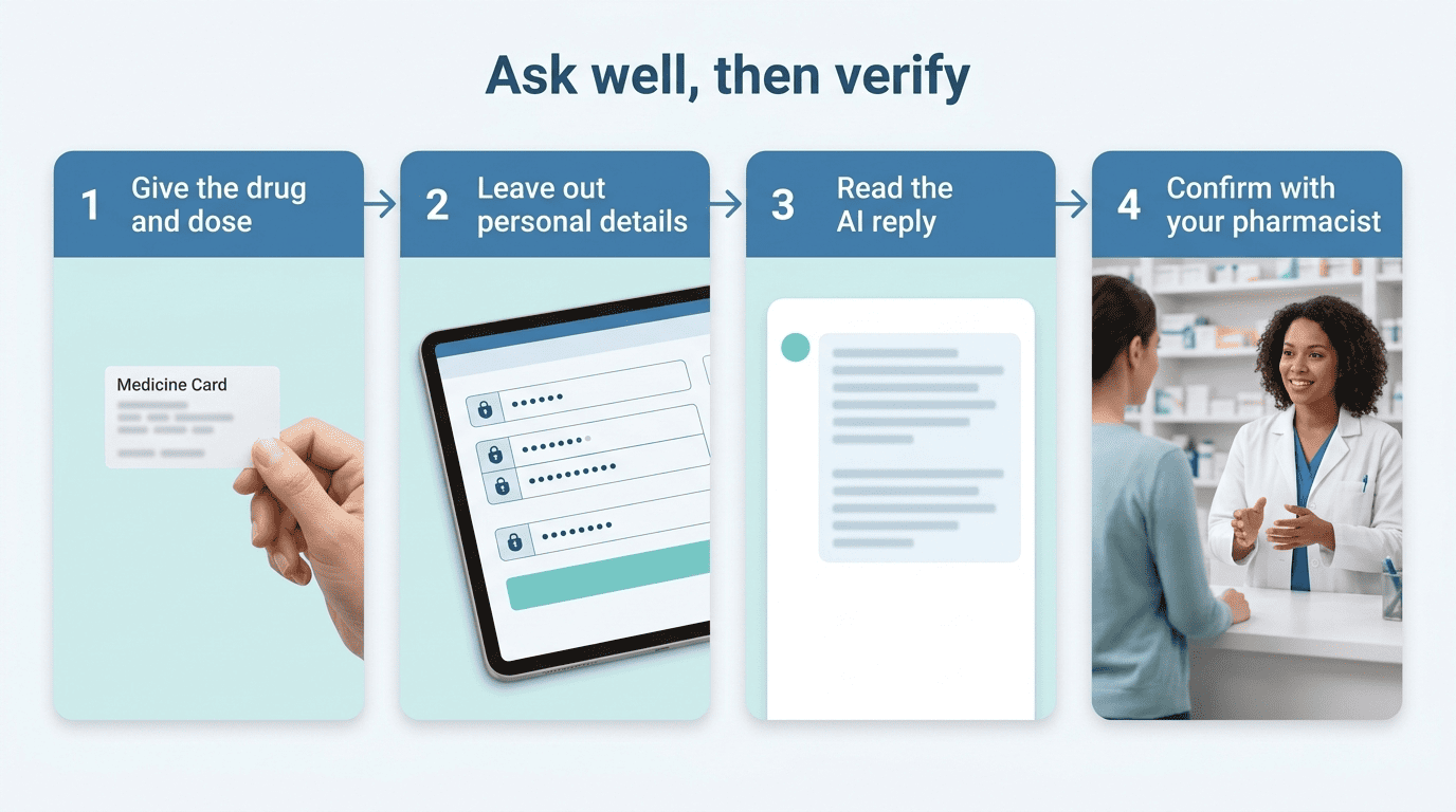 Four-step flow: give the drug and dose, leave out personal details, read the AI reply, confirm with your pharmacist
