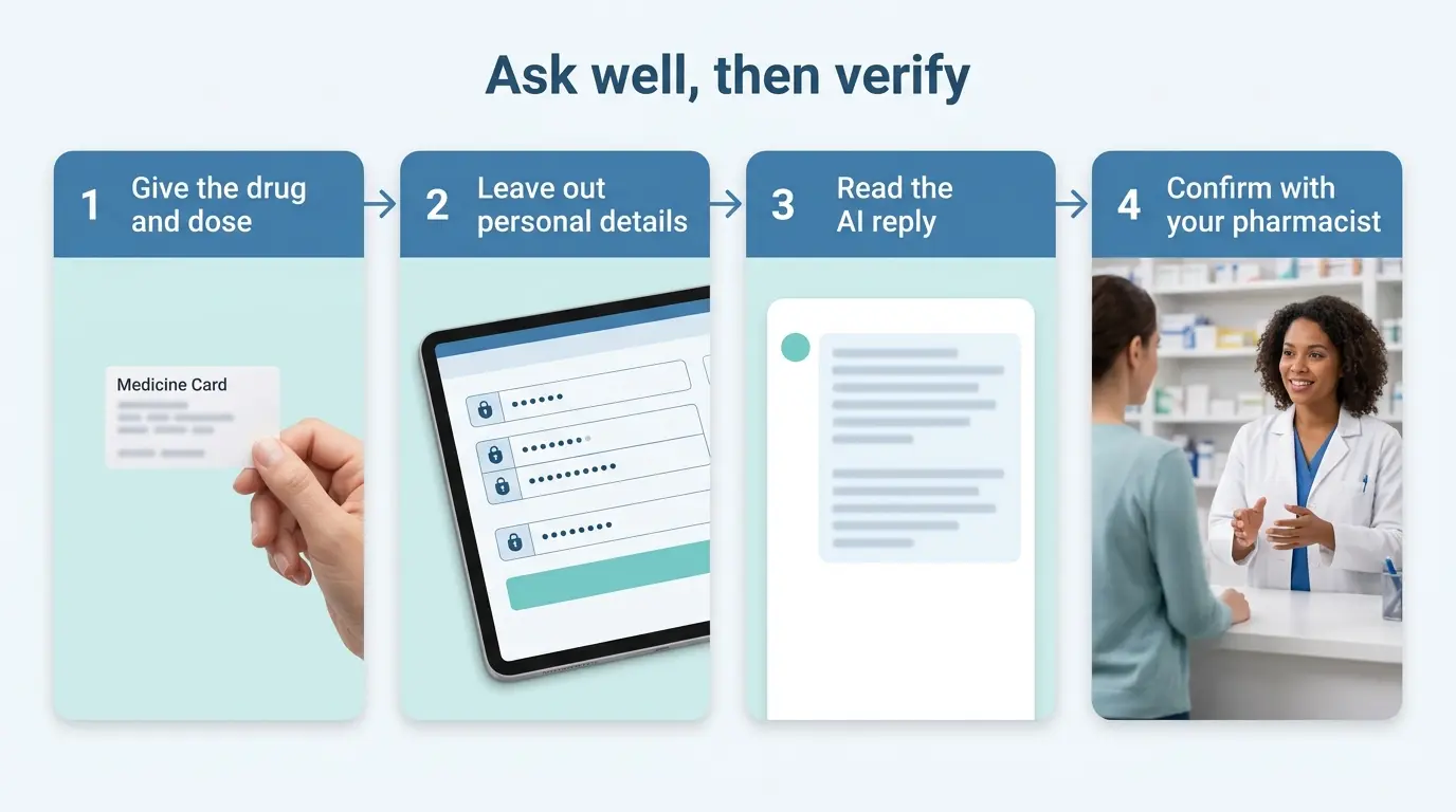 Four-step flow: give the drug and dose, leave out personal details, read the AI reply, confirm with your pharmacist