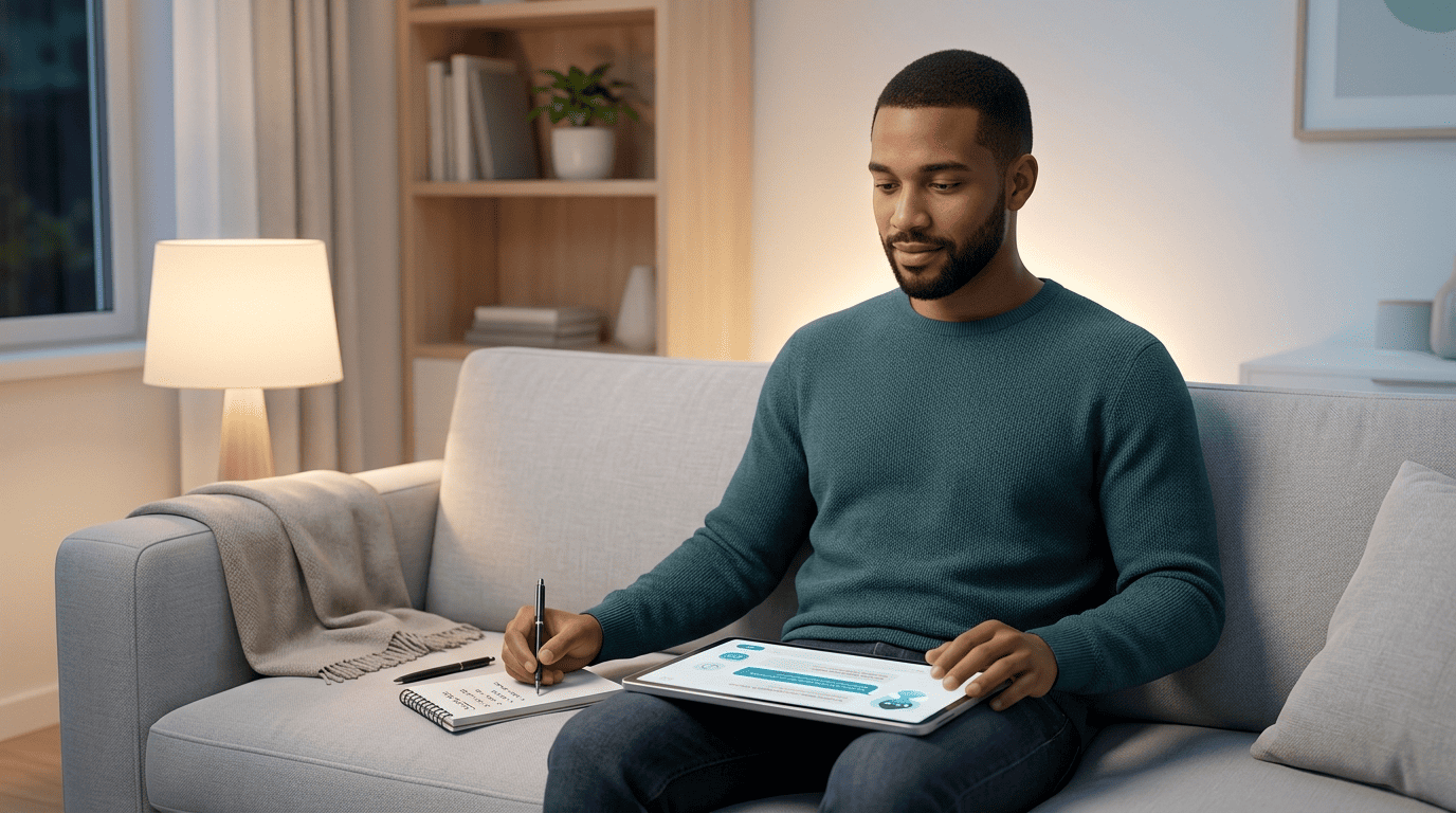 Een man thuis, de avond voor zijn afspraak, die vragen ordent op een tablet en notitieblok