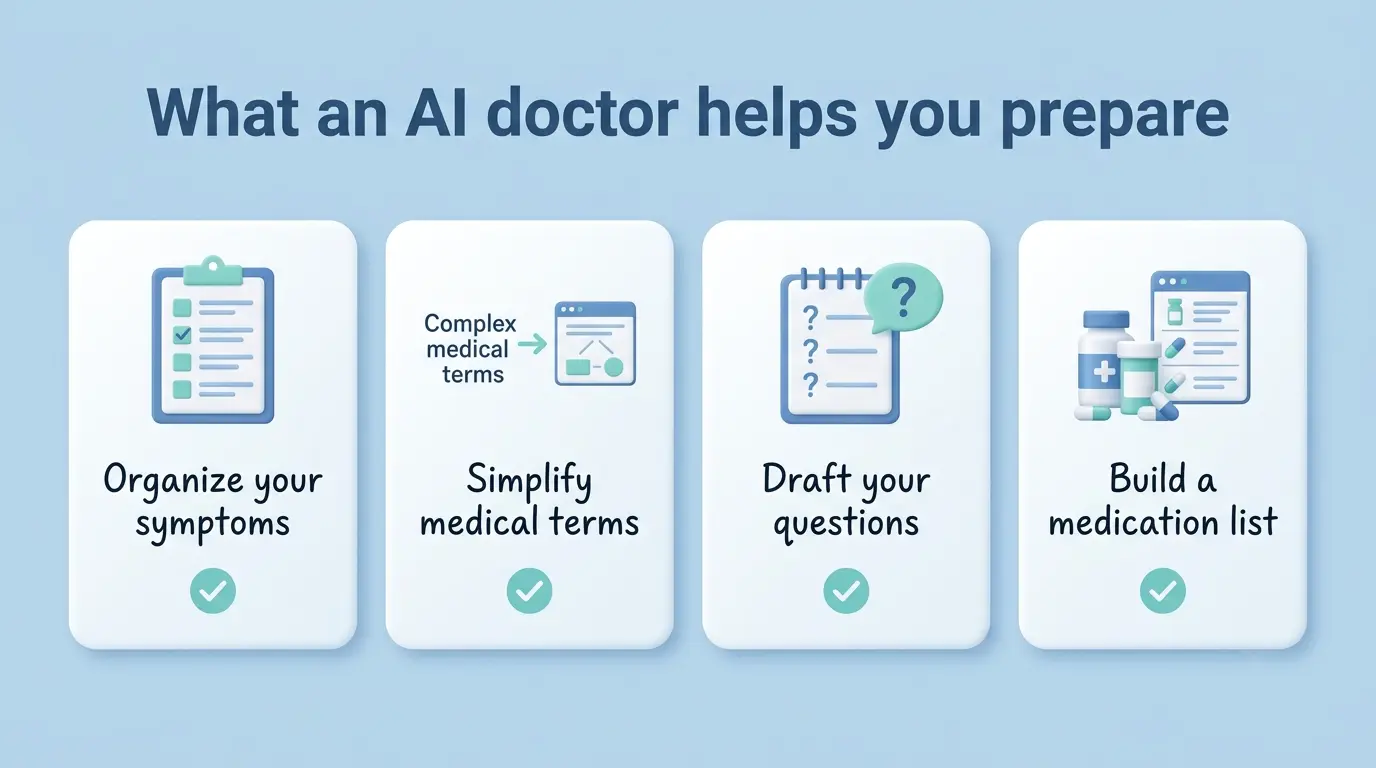 Infografica di quattro cose per cui un AI doctor ti aiuta a prepararti: organizzare i sintomi, semplificare i termini, redigere le domande, costruire un elenco dei farmaci